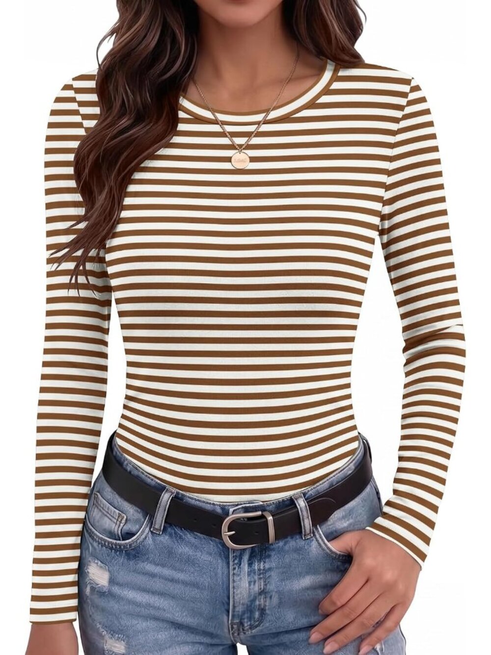 Women Khaki White Striped Long Sleeve Crew Neck Casual Basic Imported Tees Shirt